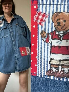 Vintage 90s Denim Button-Up Shirt custom Teddy Bear Ralph Lauren Patchwork Polo